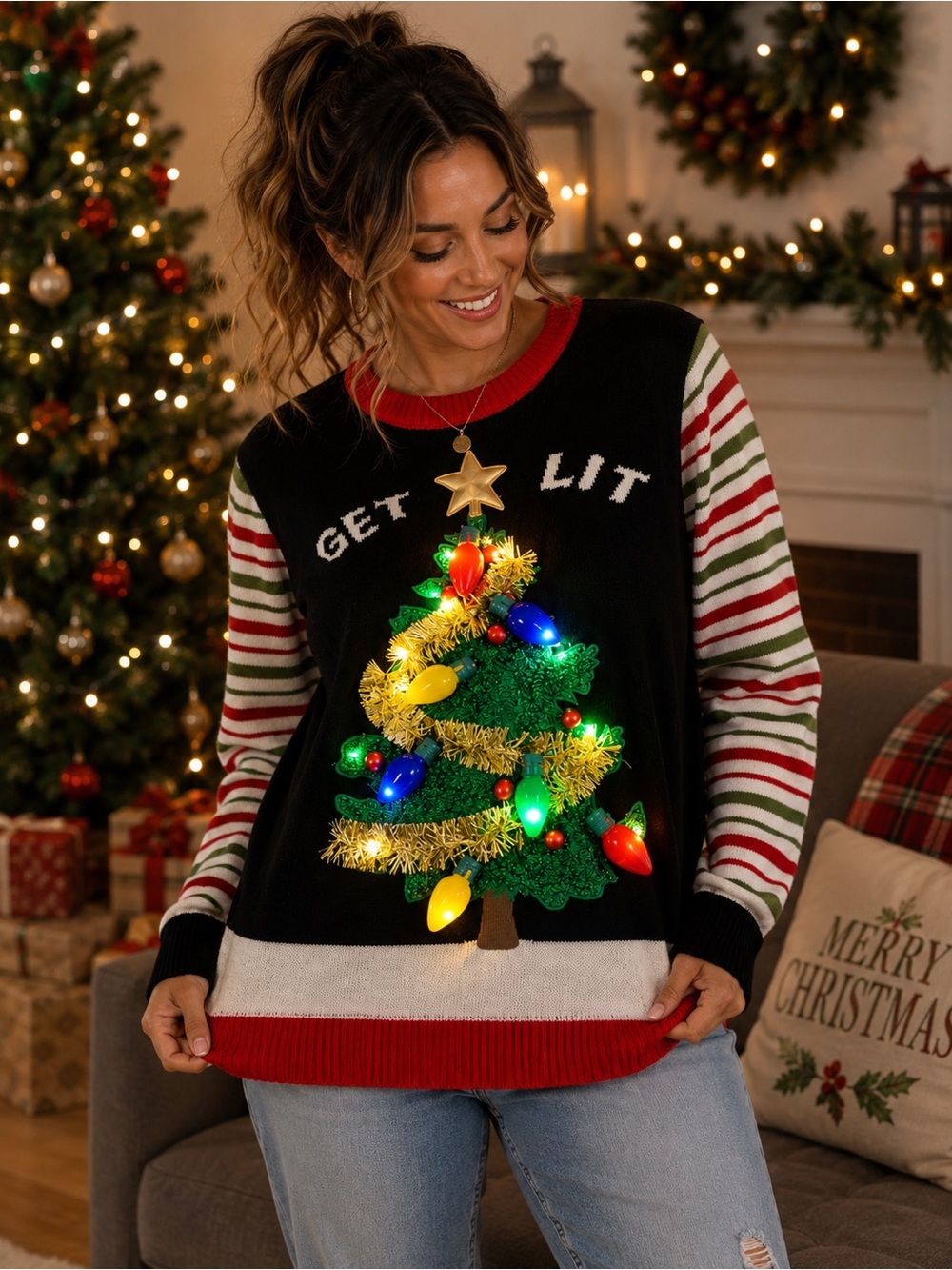 JOYIN Get Lit Light Up Ugly Christmas Sweater Women M 3D Tree Holiday